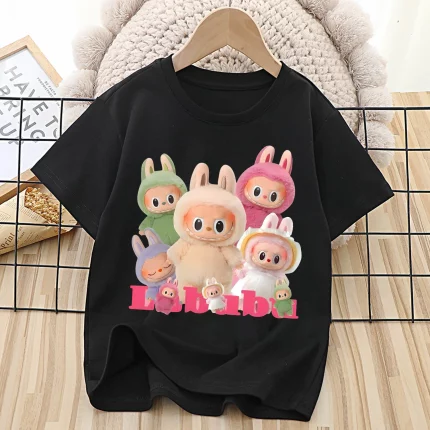 라부부 아동용 귀여운 만화 애니메이션 티셔츠 블랙 반팔 라운드넥 옷 패션 키즈 여름옷 선물
