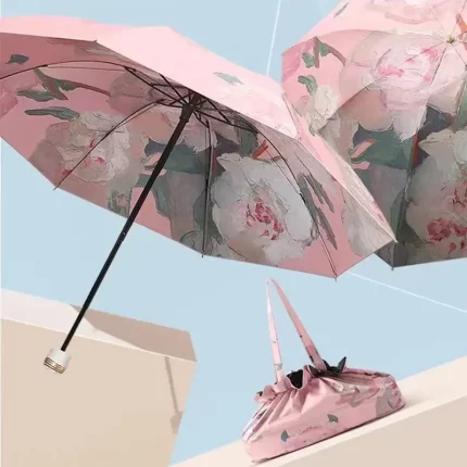 UPF50 + 접는 우산 더블 레이어 태양 비 우산 보관 가방 UV 보호 비닐 코팅 파라솔 태양 그늘 우산