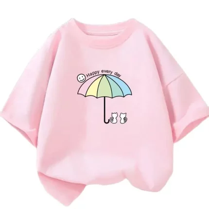 소녀를위한 Kawaii 여름 키즈 티셔츠 귀여운 우산 고양이 디자인 o-넥 핑크 만화 탑 어린이 패션 티셔츠