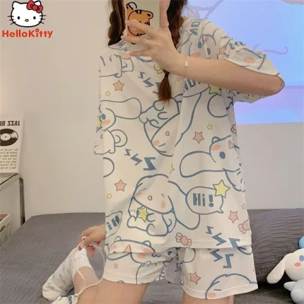 Kawaii Sanrio Anime Cinnamoroll Kuromi 잠옷 여름 단순 패션 섬세한 귀여운 캐주얼 루즈 편안한 부드러운 여성용 세트 선물
