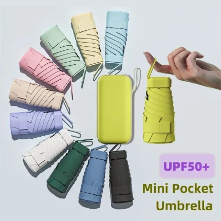 UPF50 + 미니 접는 우산 비닐 태양 그늘 우산 작은 주머니 비 여행 우산 자외선 차단 캡슐 파라솔