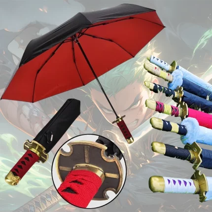 애니메이션 Roronoa Zoro Katana 우산 UV 블록 블랙 파라솔 닌자 검 실제 크기 일본 Katana 사무라이 세이버 우산 파라솔