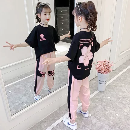2025년 가을 여아 의류 아동 스포츠 슈트 십대 트레이닝복 꽃무늬 티셔츠 상의 + 발목 묶는 바지 스트라이프 4 5 7 8 10 11 12세