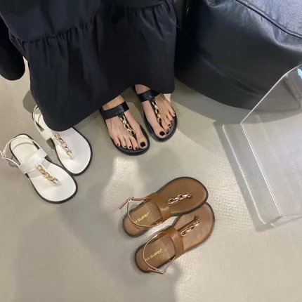 여성 샌들 플랫 슈즈 드레시 여름 플립플랍 플랫 샌들 라운드 오픈토 체인 스트랩 앵클 스트랩 캐주얼 비치 슈즈