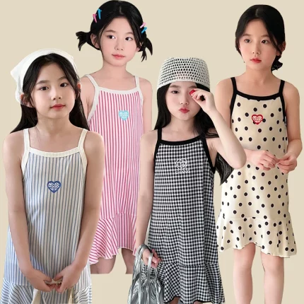 여아 여름 면 드레스 아동 패션 드레스 얇은 여아 홀터 드레스 아동 꽃 드레스 도트 드레스 격자 무늬 D