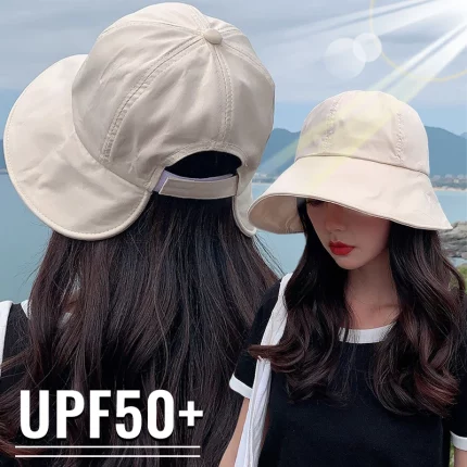 여성용 접이식 넓은 챙 햇빛 모자, 조절 가능한 야외 해변 양동이 모자, 자외선 차단 바이저, 어부 포니테일 모자, 여름