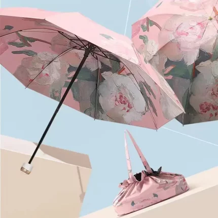 UPF50 + 접는 우산 더블 레이어 태양 비 우산 보관 가방 UV 보호 비닐 코팅 파라솔 태양 그늘 우산