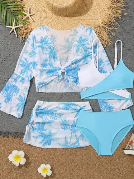4 조각 비키니 탑 & 스커트 2025 소녀 수영복 키즈 하이 웨이스트 수영복 어린이 Bathers 수영복 수영 수영복 Beachwear